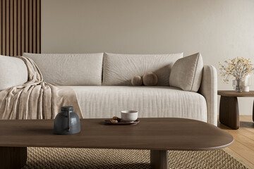 Neutral-toned modern living room with beige sofa, wooden coffee table, and decorative vase in cozy minimalist style. 3D rendering.