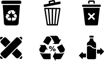 Set of six black and white waste management icons for recycling and disposal services vector