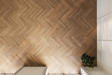 Top view of herringbone wooden floor with soft daylight and natural warm tones. Perfect for background or interior mock-up use. 3D render.