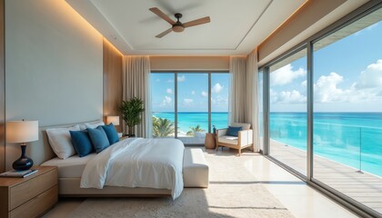 Luxury hotel bedroom interior with large window, balcony overlooking sea. Modern apartment room stunning ocean view on tropical beach resort. Comfortable bed, furniture create calm design for perfect