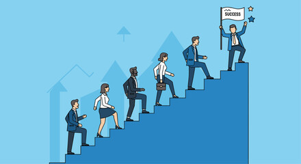 Ambitious professionals ascend stairs towards success banner, embodying career growth and achievement in a modern business landscape