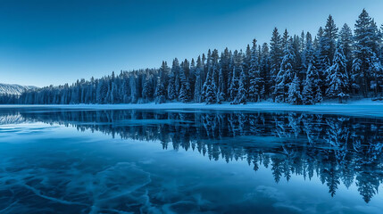 Icy Lake Reflecting Snowy Evergreen Forest