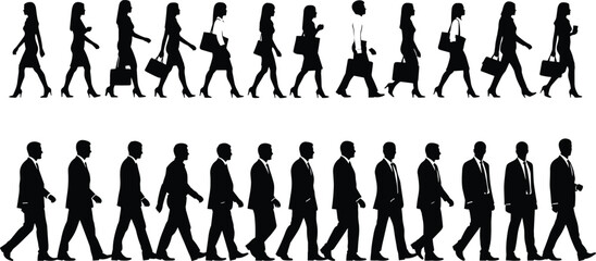 Business walking cycle silhouettes with contrast highlights, male and female vector illustration for animation, fashion, and workplace themes
