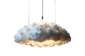 Cloud pendant light fixture with illuminated bulb, suspended by black cord, isolated on a transparent background