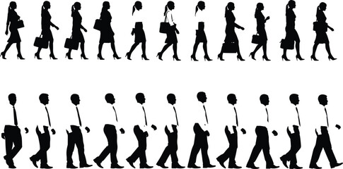 Walking cycle silhouettes of business professionals, male and female vector illustration for animation, biomechanics, and workplace design themes