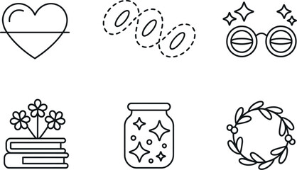 Minimalist line art icons set featuring heart books flowers jar wreath and glasses for creative design vector