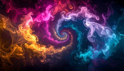 Abstract swirling colorful smoke art with vibrant hues creating a hypnotic spiral pattern on a dark background