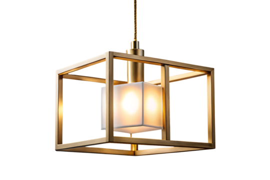 Cubic frame pendant light combining wood and brass with frosted glass cube centerpiece, isolated on a transparent background