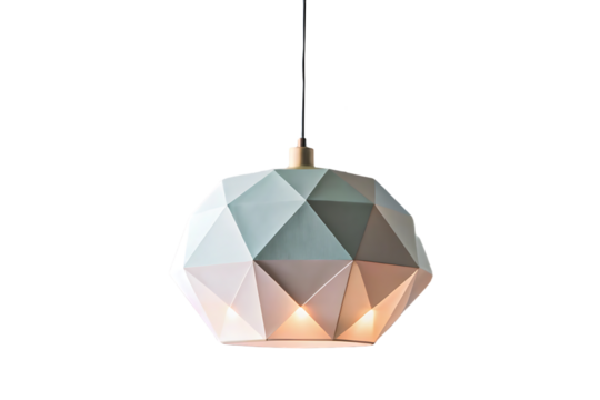 Low-poly geometric pendant lamp in soft pastels with faceted diamond-like structure and opening, isolated on a transparent background
