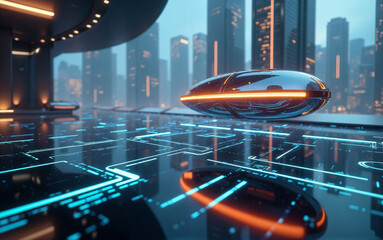 Flying Car Over Neon City Bridge
