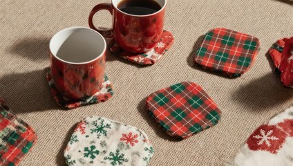 Festive Coasters and Warm Drinks - A Cozy Holiday Scene.