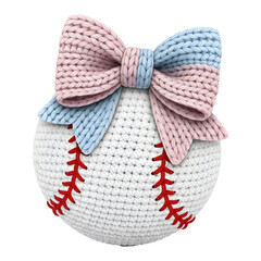 Knitted Baseball with Pink and Blue Bow – Handmade Yarn Sports Decoration Isolated on White Background
