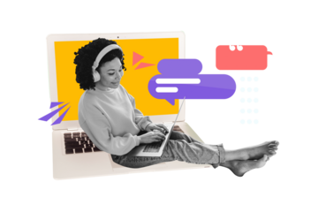 Composite artwork collage image picture of mini girl use laptop headphones chatting isolated on creative background