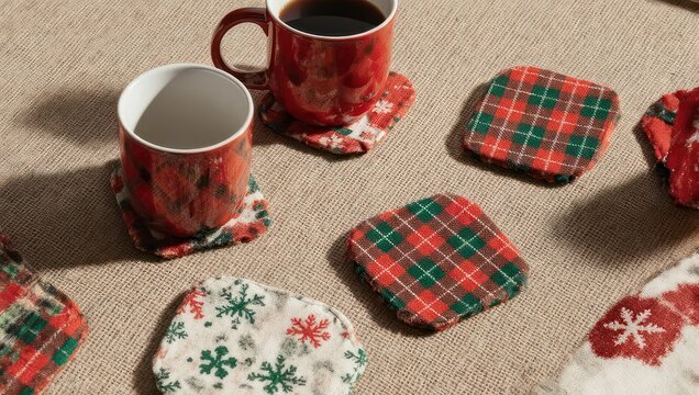 Festive Coasters and Warm Drinks - A Cozy Holiday Scene.