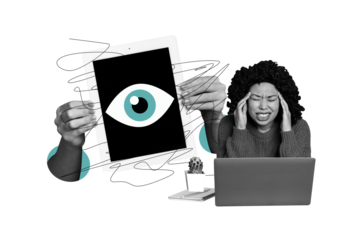 Composite trend artwork sketch image photo collage of watch spy privacy hand hold tablet display espionage eye young lady headache laptop