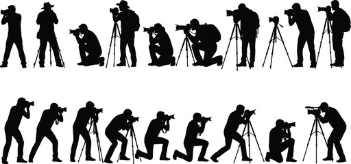 Photographer silhouettes in dynamic poses with cameras and tripods, photography vector illustration for creative, media, and lifestyle themes