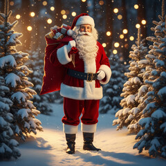 Iconic Santa Claus with a sack full of gifts walks through a snowy winter forest illuminated by warm bokeh lights, embodying the spirit of Christmas joy and generosity.