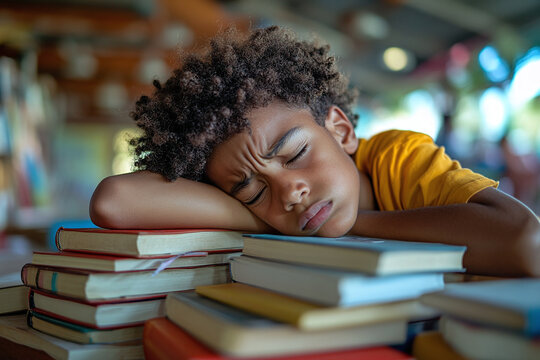 Tired school boy sleeping on books after studying