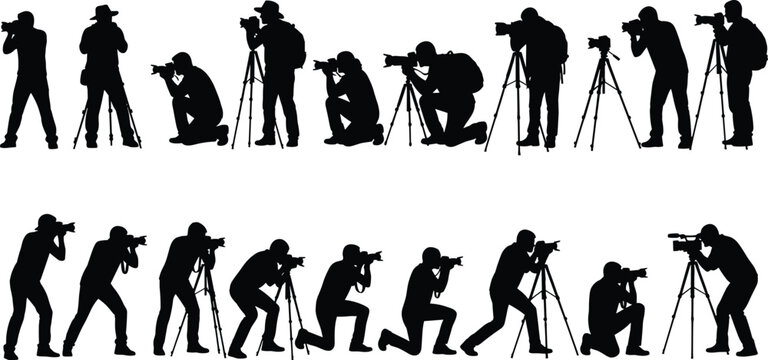 Photographer silhouettes in dynamic poses with cameras and tripods, photography vector illustration for creative, media, and lifestyle themes