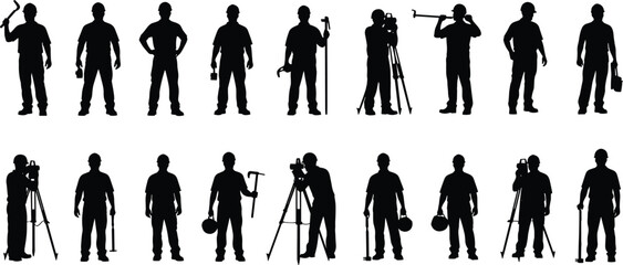 Construction worker silhouettes with tools and equipment, labor and engineering vector illustration for industry, occupation, and safety themes