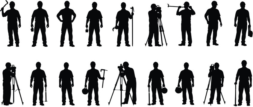 Construction worker silhouettes with tools and equipment, labor and engineering vector illustration for industry, occupation, and safety themes