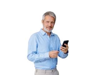 Senior man smiling, holding smartphone, engaged with mobile technology and digital communication, transparent background