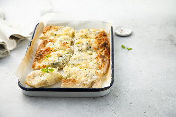 Four cheese pizza on a tray