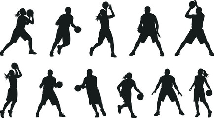 Basketball player silhouettes in dynamic action poses, dribbling and shooting vector illustration for sports, fitness, and training themes
