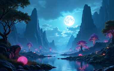 Sci-Fi Landscape Under Full Moonlight
