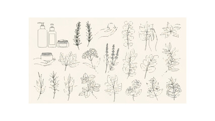Obraz premium Illustration of skincare products and botanical elements in a minimalist line art style on white background