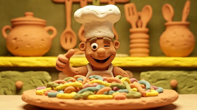 A claymation chef wearing a toque winks and gives a thumbs-up over a plate of colorful pasta in a warm-toned kitchen setting, a playful stop-motion animation, keywords