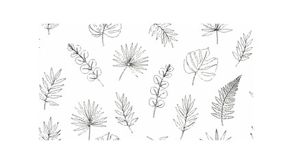 Assorted botanical sketches featuring various leaves and plant life in a delicate line art style pattern