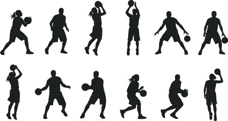 Basketball player silhouettes in dynamic poses, dribbling and shooting vector illustration for sports, fitness, and training themes