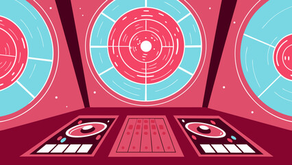 Illustration of a spaceship cockpit with control panels and circular windows in pink and light blue © adnan