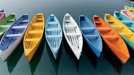 Row of colorful boats are sitting in the water. The boats are of different colors and sizes, and they are all lined up in a row. The scene gives off a sense of calm and serenity
