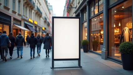 Blank illuminated billboard on busy urban sidewalk amid blurred shoppers and festive lights with copyspace, concept of outdoor advertising, retail promotion, city marketing