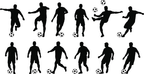 Soccer player silhouettes in kicking, dribbling, and passing poses, football movement vector illustration for sports training and design themes