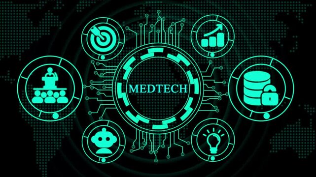 Medtech Digital Network With Icons And World Map Background. Business, Technology ,Internet and network concept.