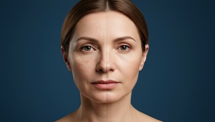 A middle-aged Caucasian woman with brown hair and a neutral expression poses against a blue background. Her skin appears smooth and even-toned before and after beauty procedure 