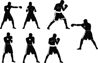 Boxer silhouettes in dynamic stances and punches, combat training vector illustration for fitness, sports education, and fighting technique themes