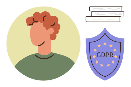 Person avatar next to a GDPR shield emblem and stacked books. Ideal for privacy, compliance, education, data protection, personal safety, knowledge, trust. Simple flat metaphor
