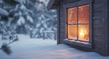 Cozy winter scene illuminated cabin window amidst snowfall