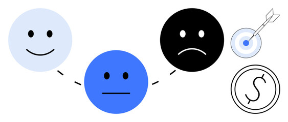 Happy, neutral, and sad faces connected by dashed lines, target with arrow, dollar coin. Ideal for emotions, mental health, progress tracking, goals success financial decisions simple flat
