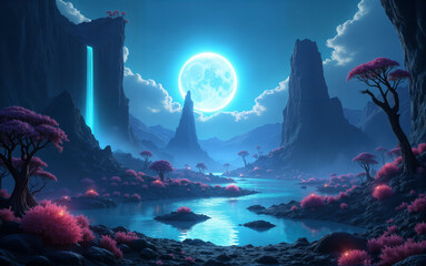 Sci-Fi Landscape with Glowing Blue Moon
