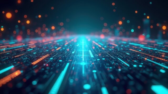 Bright cyan light stream racing down circuit grid with orange blue glowing pathways extending into dark bokeh horizon creating a futuristic digital landscape