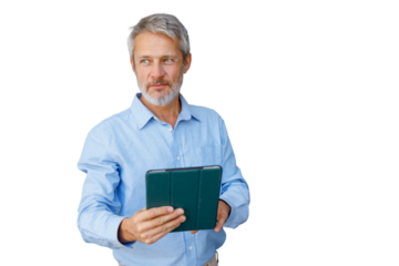 Mature businessman with gray hair holding tablet, looking away thoughtfully on transparent background