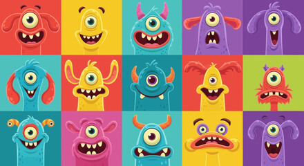 Colorful Cartoon Monster Faces Pattern, cheerful, funny, and playful illustrations
