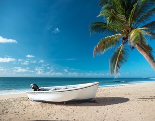 White boat on sandy beach with palm