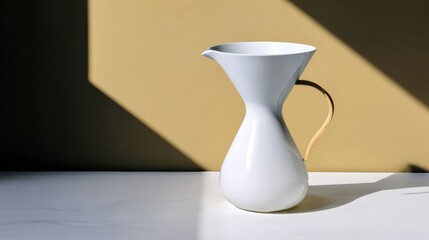 White pitcher with a brown handle sits on a white table. The pitcher is sitting in the sun, casting a shadow on the table. The scene is simple and peaceful, with the pitcher as the main focus