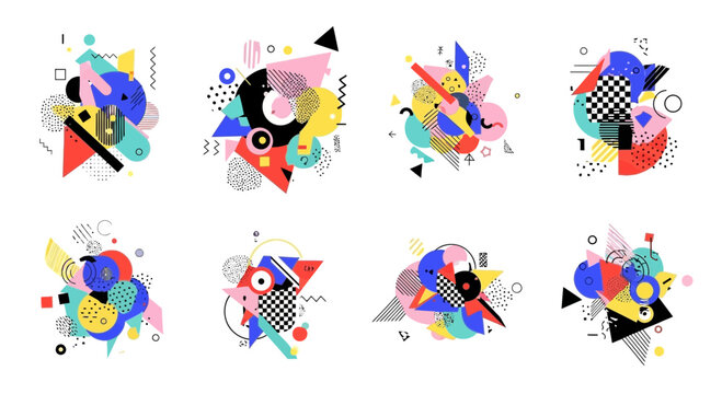 Retro geometric abstract vector illustration set with different shapes and colors